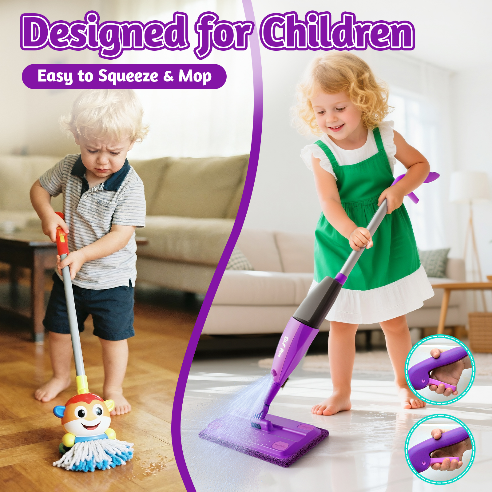 CalfQueen Mop Montessori Kids Toys with Water Sprayer, Pretend Play&Preschool Educational, STEM Clean, Housekeeping Kit Spray Mops for Floor Cleaning, Birthady Gifts 3 4 5 6 7 8 Year Old Boys Girls - Image 2