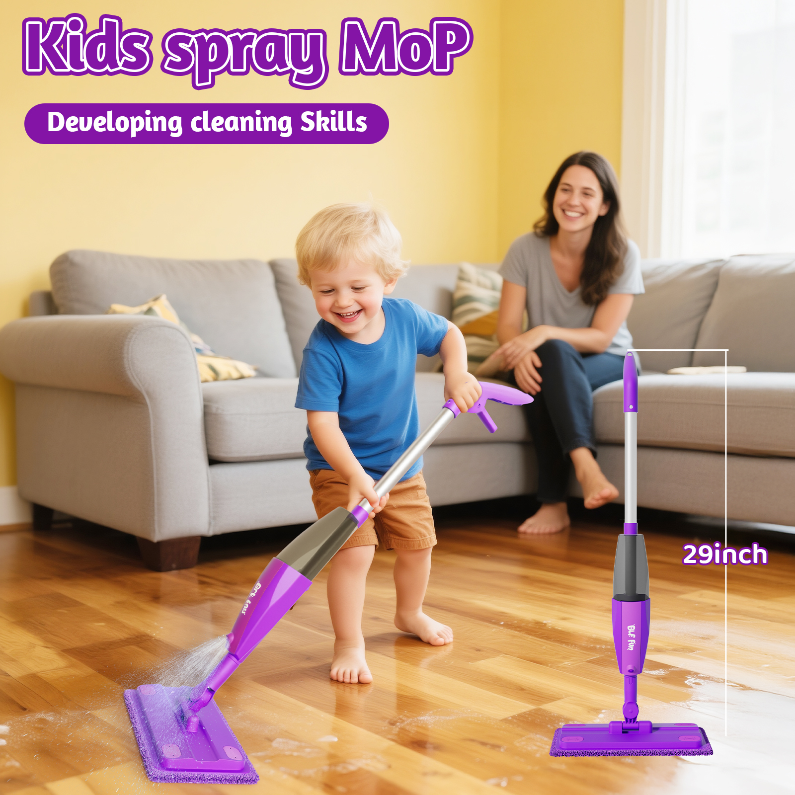 CalfQueen Mop Montessori Kids Toys with Water Sprayer, Pretend Play&Preschool Educational, STEM Clean, Housekeeping Kit Spray Mops for Floor Cleaning, Birthady Gifts 3 4 5 6 7 8 Year Old Boys Girls - Image 3