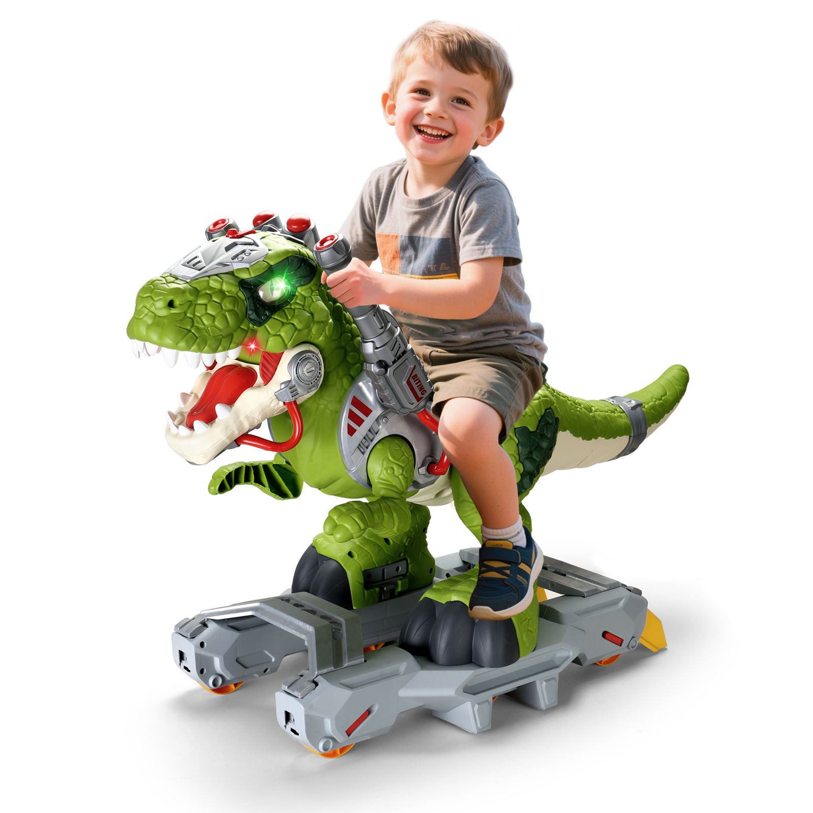 CalfQueen Kids Dinosaur Toys, Electric Ride On Car for Kids Ages 3-5, Baby Walker&Kids Toys with Music, LED Lights&Smoke Effects, Durable Wheels and Safety Lock, 3 4 5 Year Old Boy Girl Gifts, Green