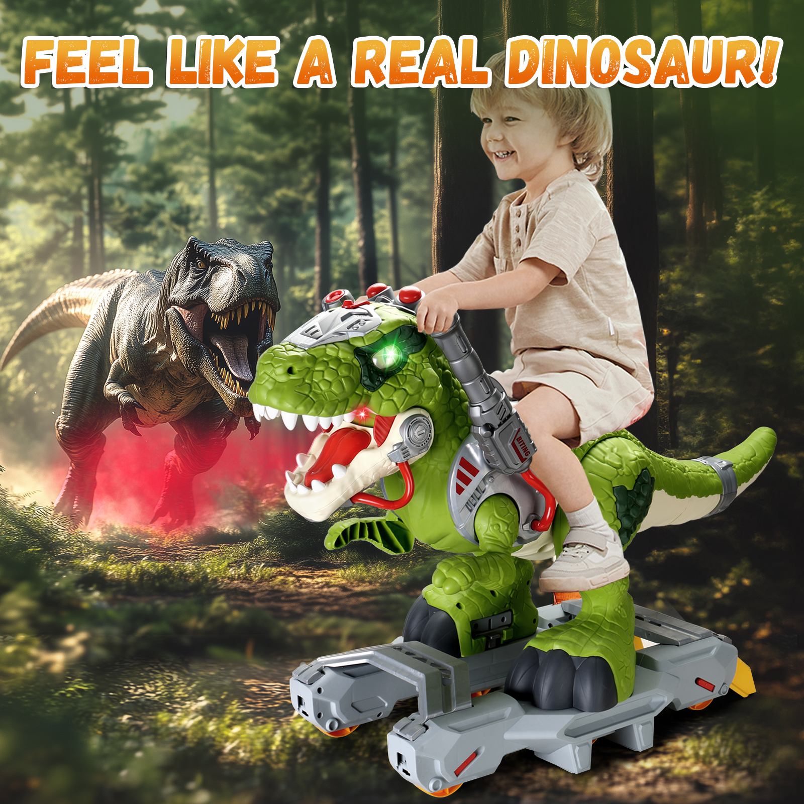 CalfQueen Kids Dinosaur Toys, Electric Ride On Car for Kids Ages 3-5, Baby Walker&Kids Toys with Music, LED Lights&Smoke Effects, Durable Wheels and Safety Lock, 3 4 5 Year Old Boy Girl Gifts, Green - Image 3