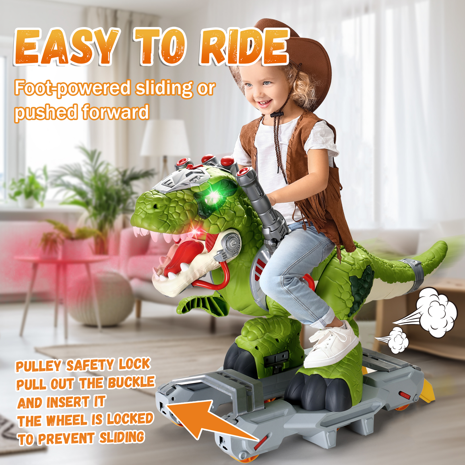 CalfQueen Kids Dinosaur Toys, Electric Ride On Car for Kids Ages 3-5, Baby Walker&Kids Toys with Music, LED Lights&Smoke Effects, Durable Wheels and Safety Lock, 3 4 5 Year Old Boy Girl Gifts, Green - Image 4
