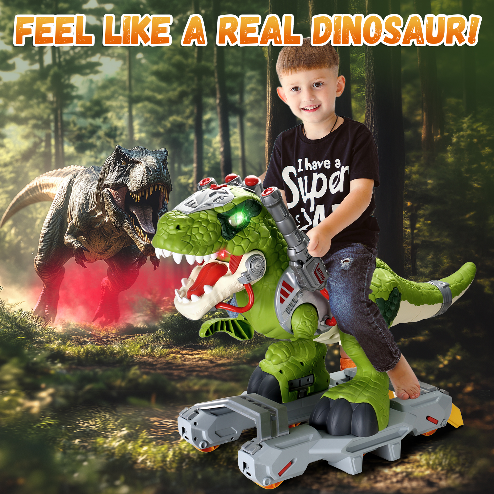 CalfQueen Kids Dinosaur Toys, Electric Ride On Car for Kids Ages 3-5, Baby Walker&Kids Toys with Music, LED Lights&Smoke Effects, Durable Wheels and Safety Lock, 3 4 5 Year Old Boy Girl Gifts, Green - Image 2