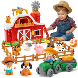 All-in-One Farm Barn Toy Set,Pretend Play Gift for Boys Girls 2 3 Years Old Barn Toy Set with Farm Animal Figures for Toddlers,Tractor&Fence,Educational Montessori-style Play Sets with Light&Sounds
